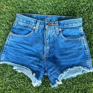 Wrangler Women's 24 Reworked Cut Off Denim Shorts High Rise Raw Hem Blue Western